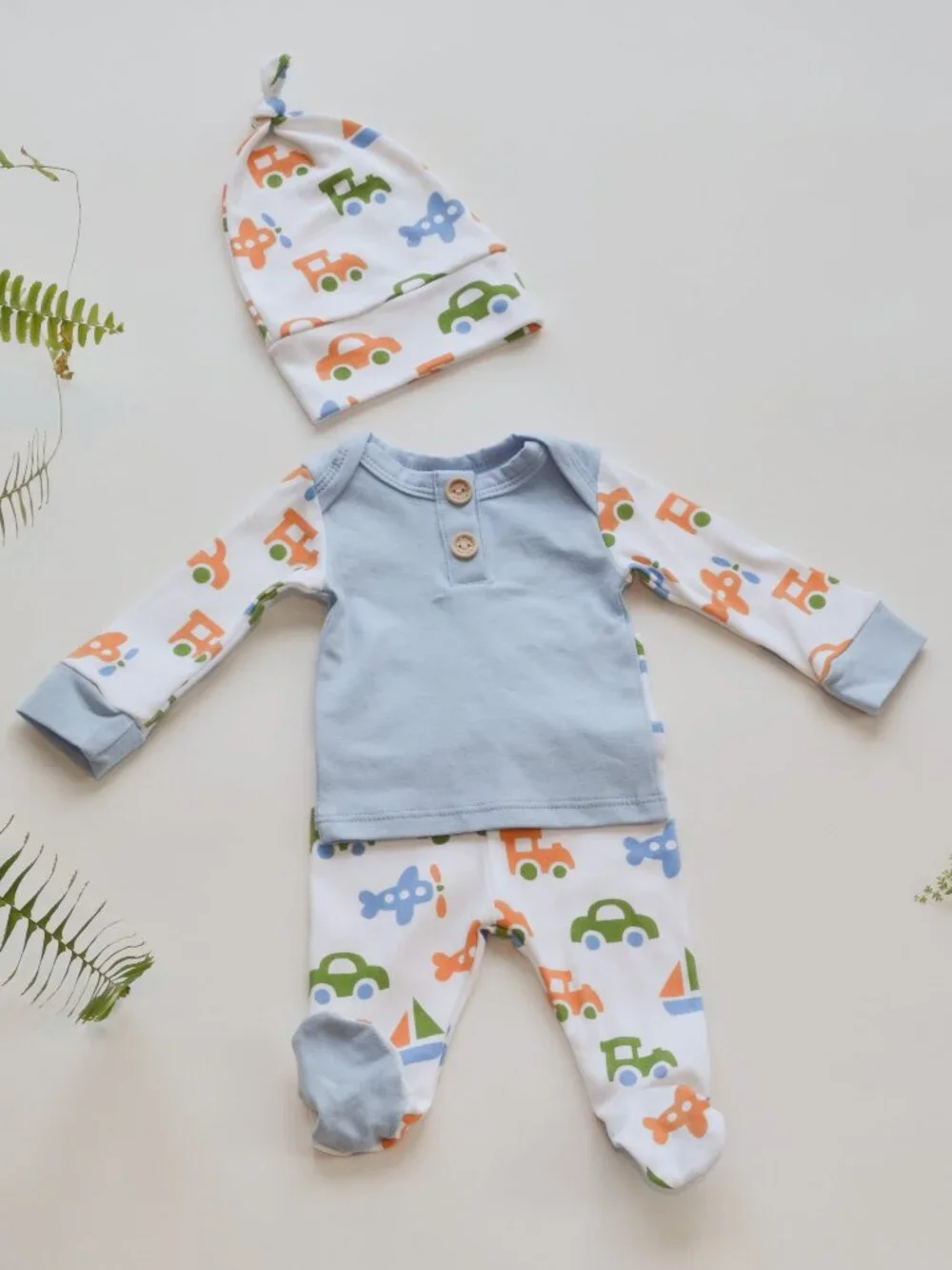 Newborn Outfit: Planes, Trains, Automobiles Cotton Knit Set